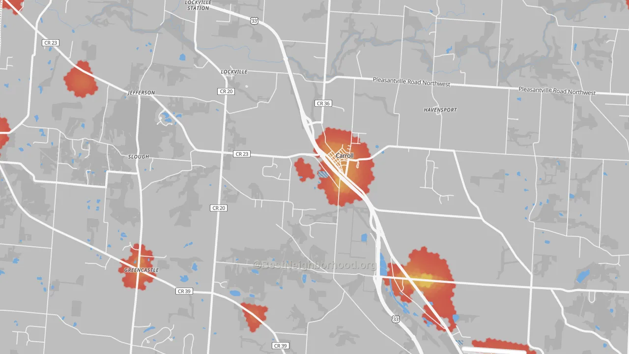 Walk Grade map of Carroll, OH, walkable areas in green and car-dependent areas in red