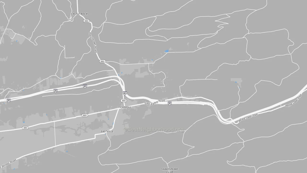 Walk Grade map of Carroll, PA, walkable areas in green and car-dependent areas in red