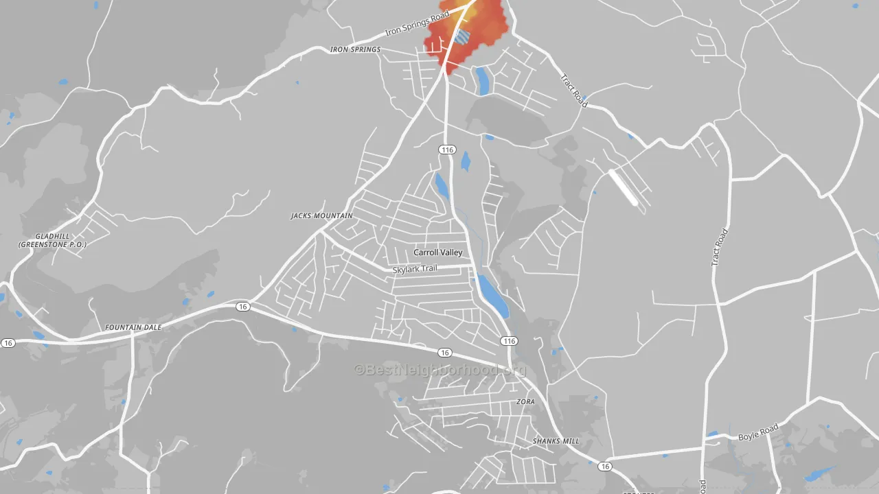 Walk Grade map of Carroll Valley, PA, walkable areas in green and car-dependent areas in red