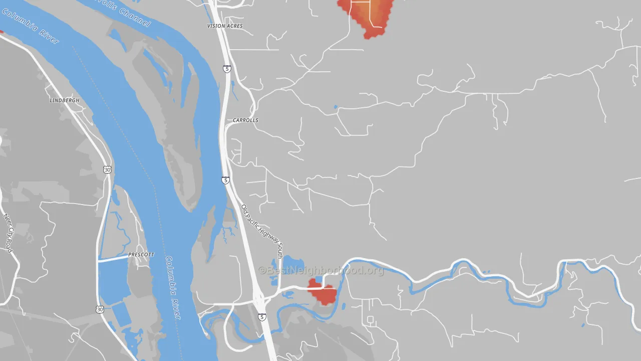 Walk Grade map of Carrolls, WA, walkable areas in green and car-dependent areas in red