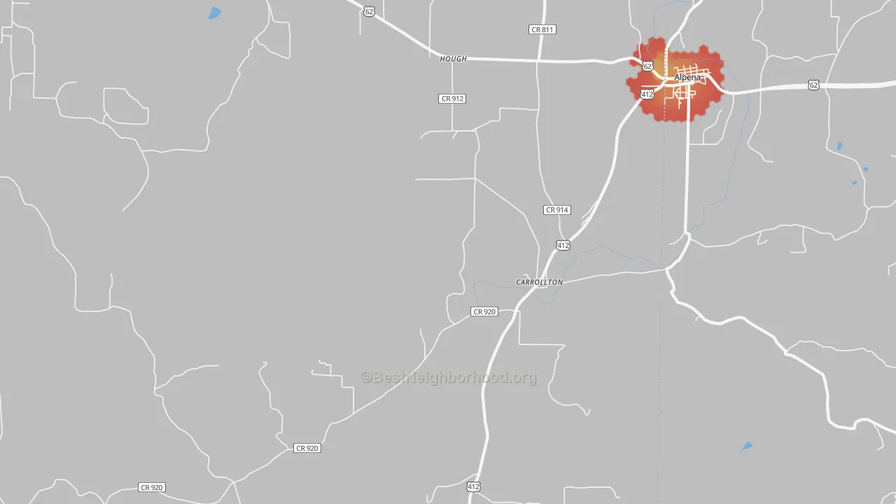 Walk Grade map of Carrollton, AR, walkable areas in green and car-dependent areas in red