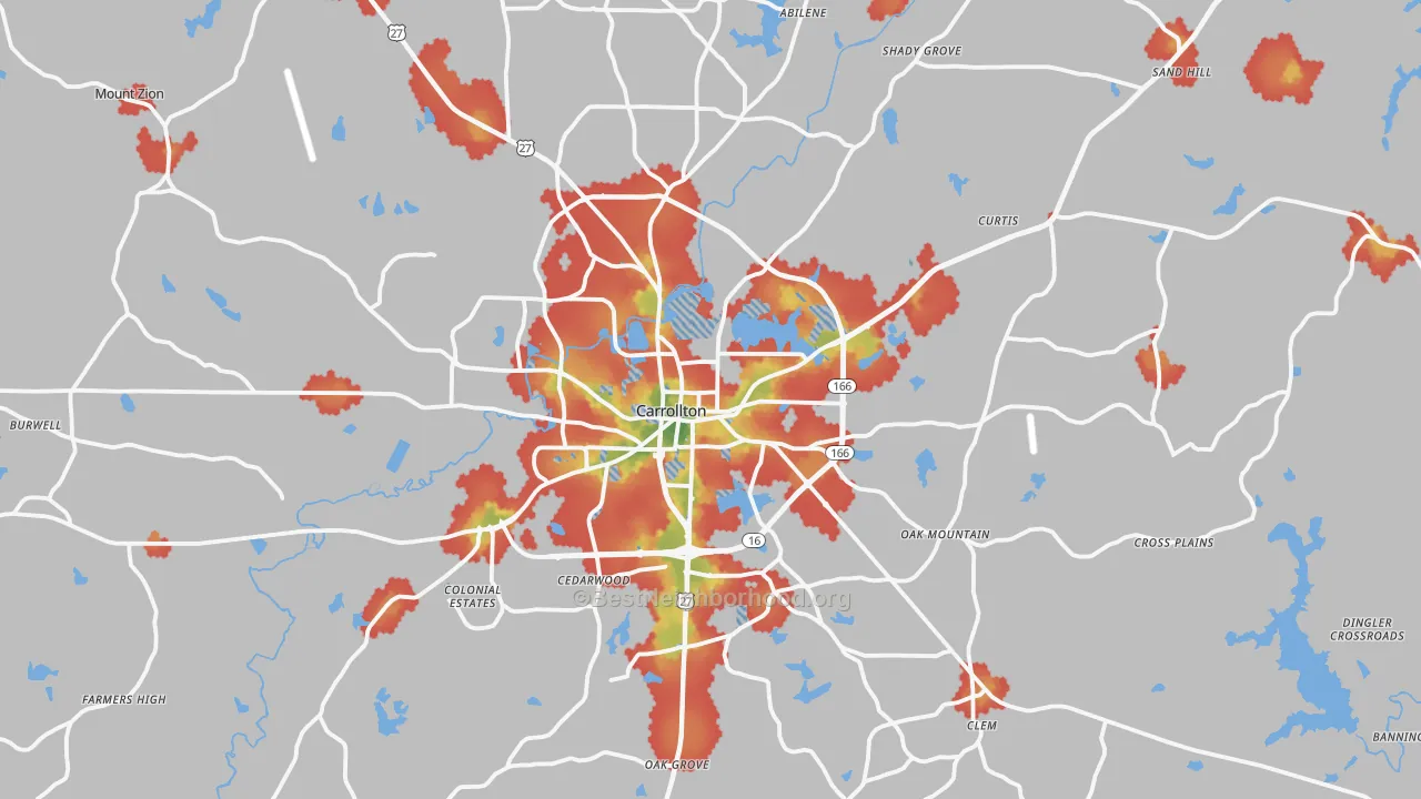 Walk Grade map of Carrollton, GA, walkable areas in green and car-dependent areas in red