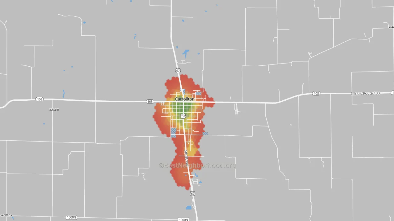 Walk Grade map of Carrollton, IL, walkable areas in green and car-dependent areas in red