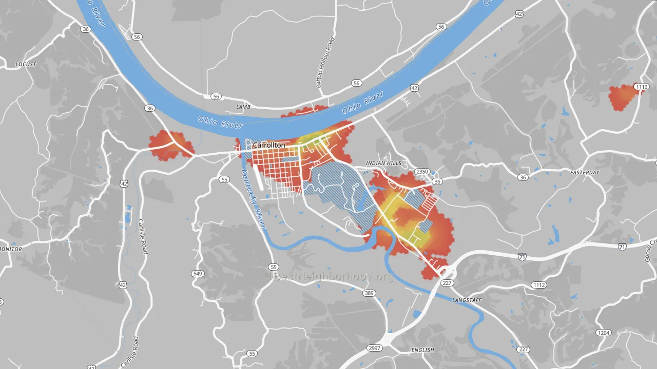 Walk Grade map of Carrollton, KY, walkable areas in green and car-dependent areas in red