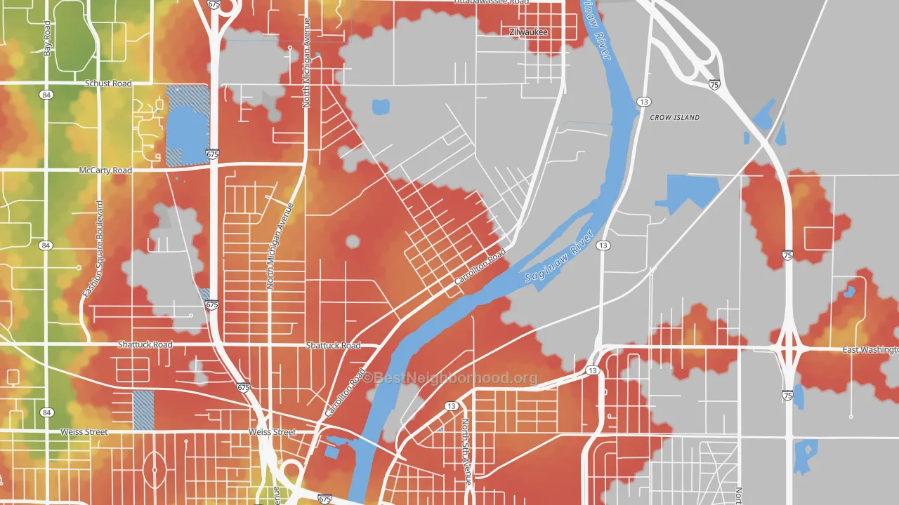 Walk Grade map of Carrollton, MI, walkable areas in green and car-dependent areas in red