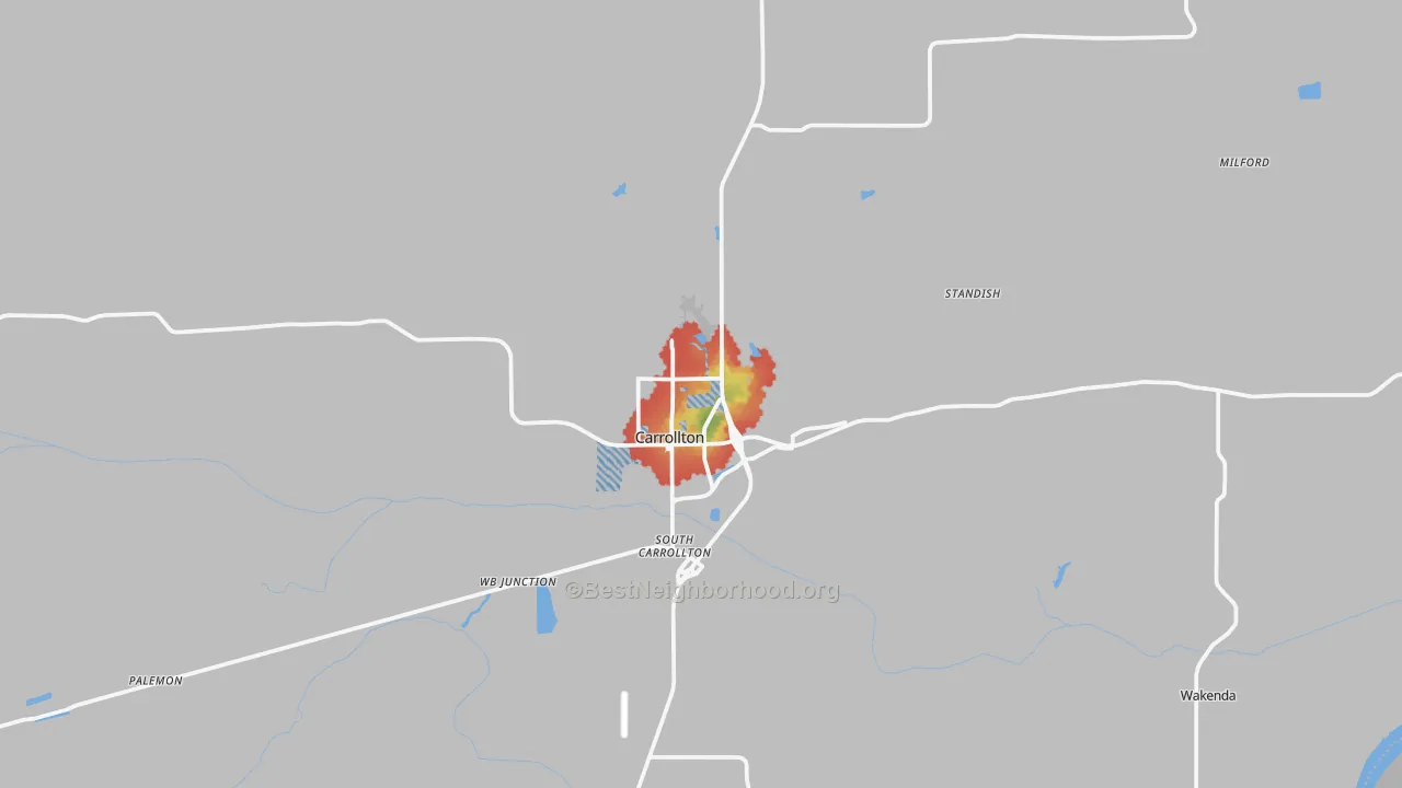 Walk Grade map of Carrollton, MO, walkable areas in green and car-dependent areas in red