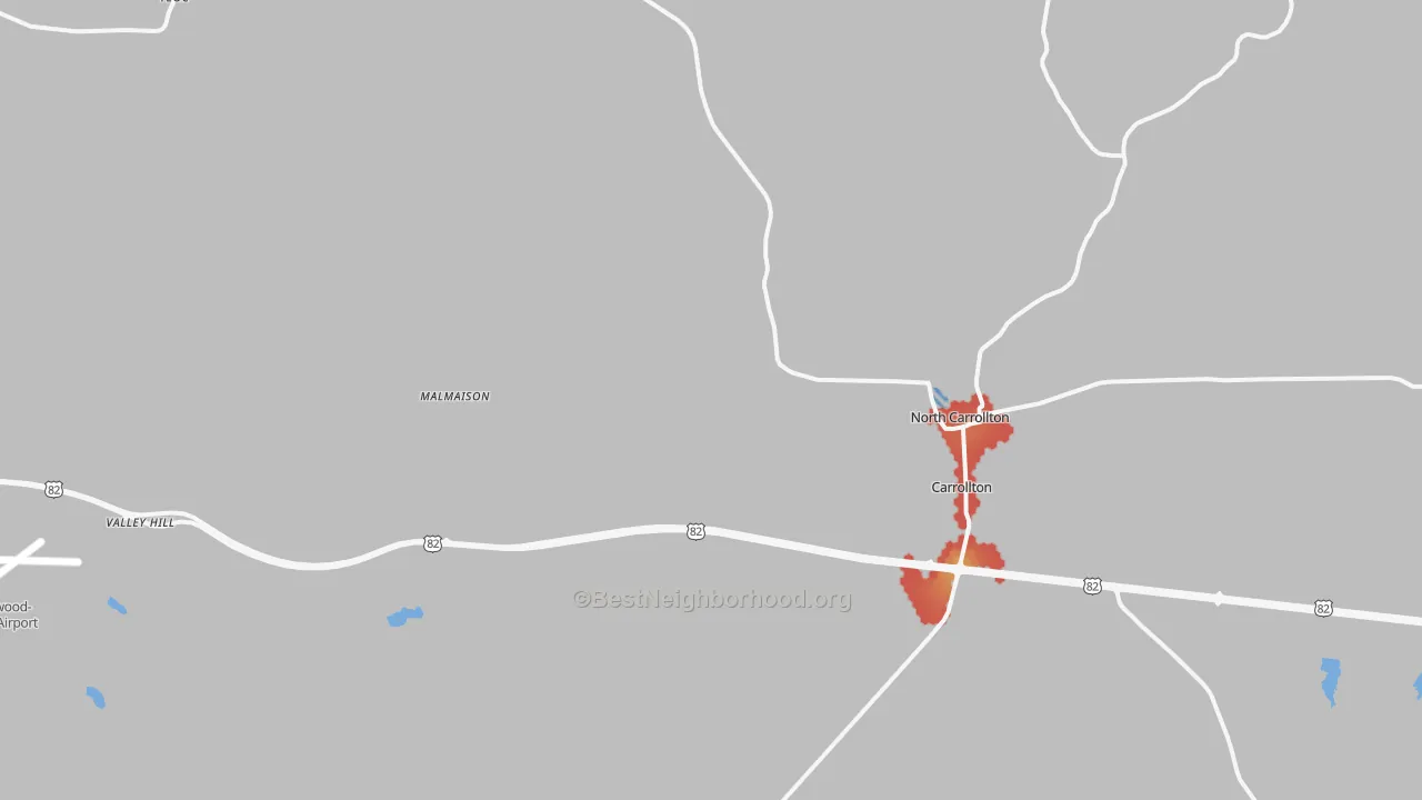Walk Grade map of Carrollton, MS, walkable areas in green and car-dependent areas in red