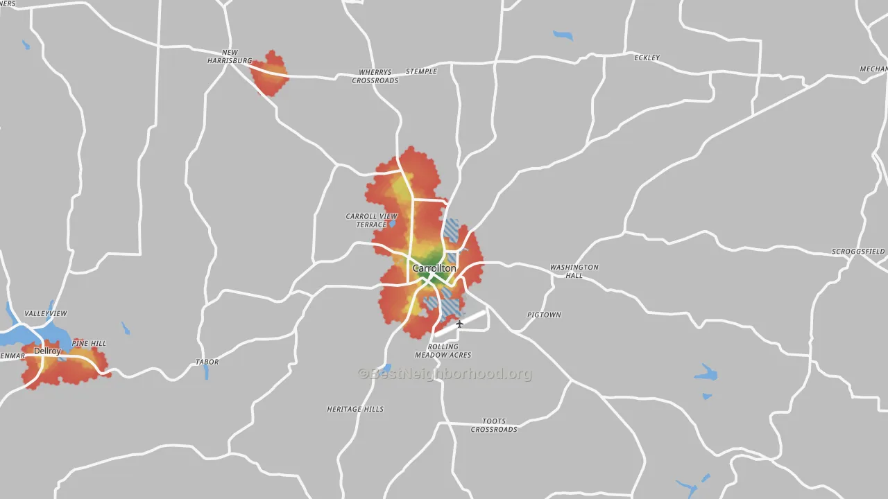 Walk Grade map of Carrollton, OH, walkable areas in green and car-dependent areas in red