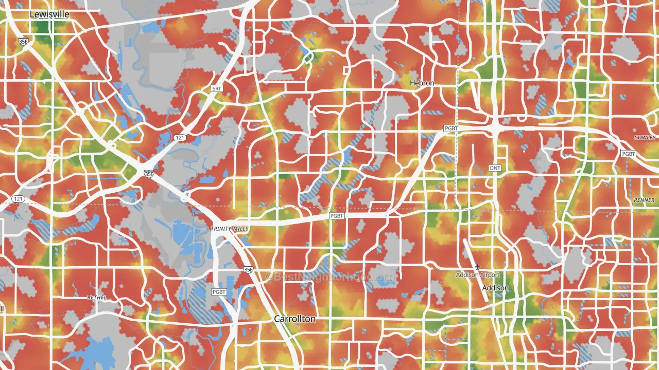 Walk Grade map of Carrollton, TX, walkable areas in green and car-dependent areas in red