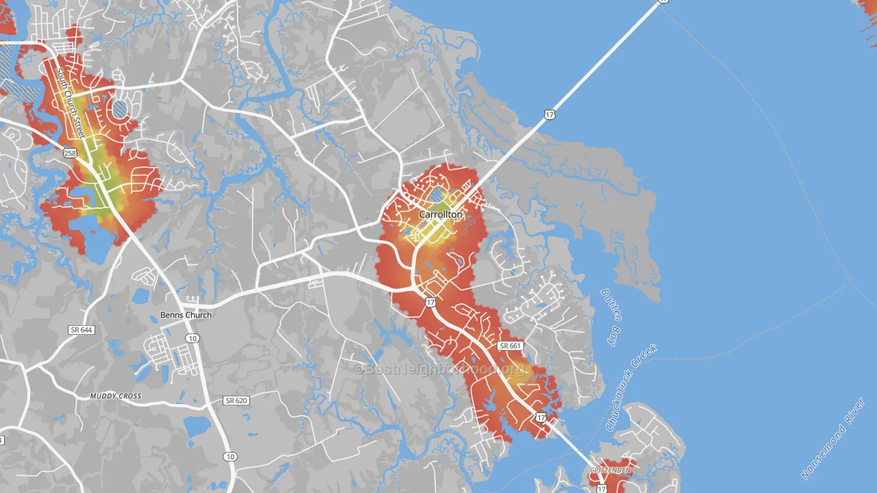 Walk Grade map of Carrollton, VA, walkable areas in green and car-dependent areas in red
