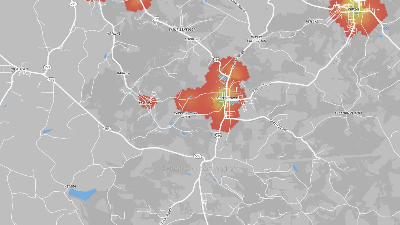 Walk Grade map of Carrolltown, PA, walkable areas in green and car-dependent areas in red