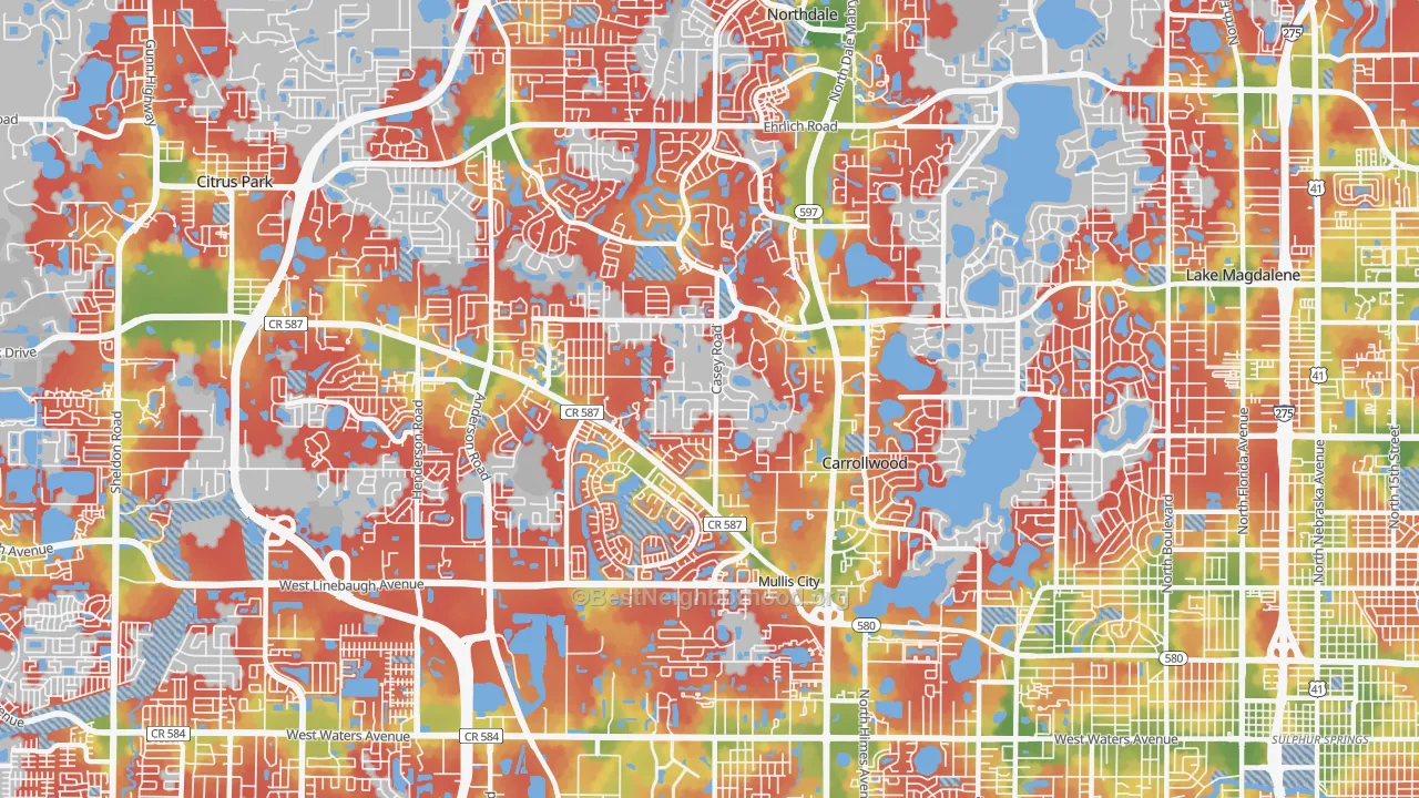 Walk Grade map of Carrollwood, Tampa, FL, walkable areas in green and car-dependent areas in red