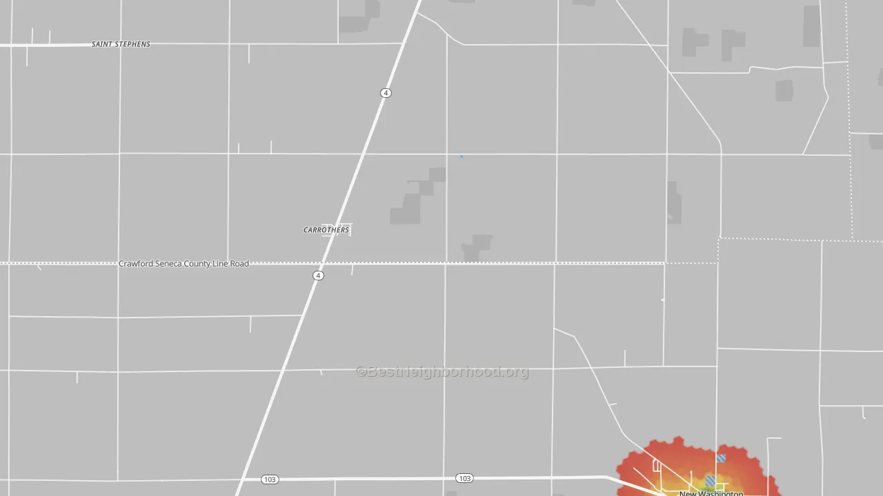 Walk Grade map of Carrothers, OH, walkable areas in green and car-dependent areas in red