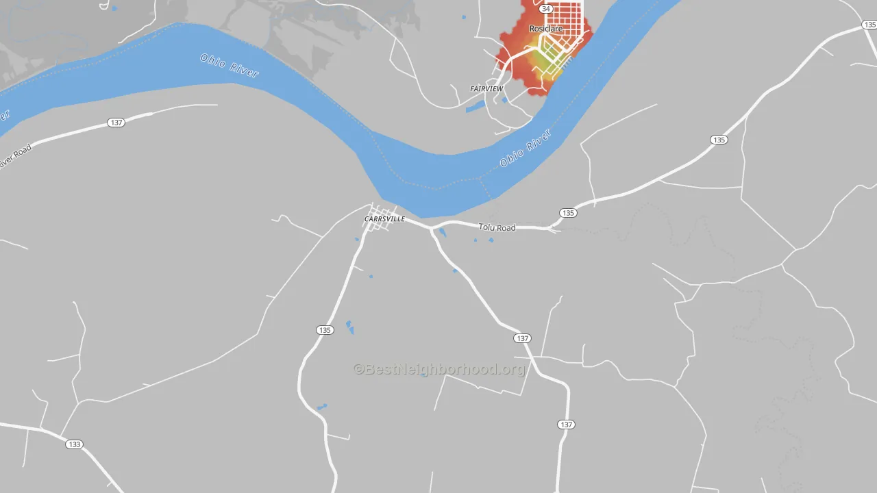 Walk Grade map of Carrsville, KY, walkable areas in green and car-dependent areas in red