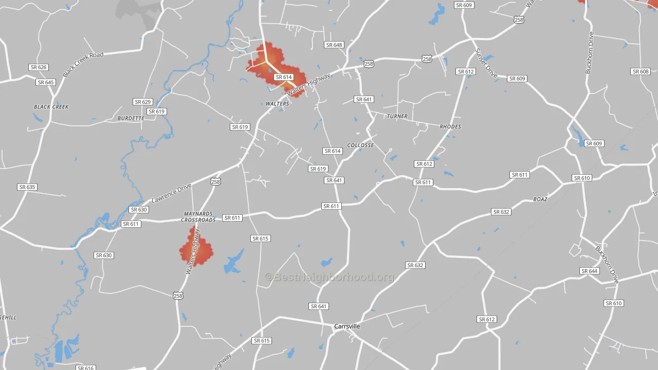 Walk Grade map of Carrsville, VA, walkable areas in green and car-dependent areas in red