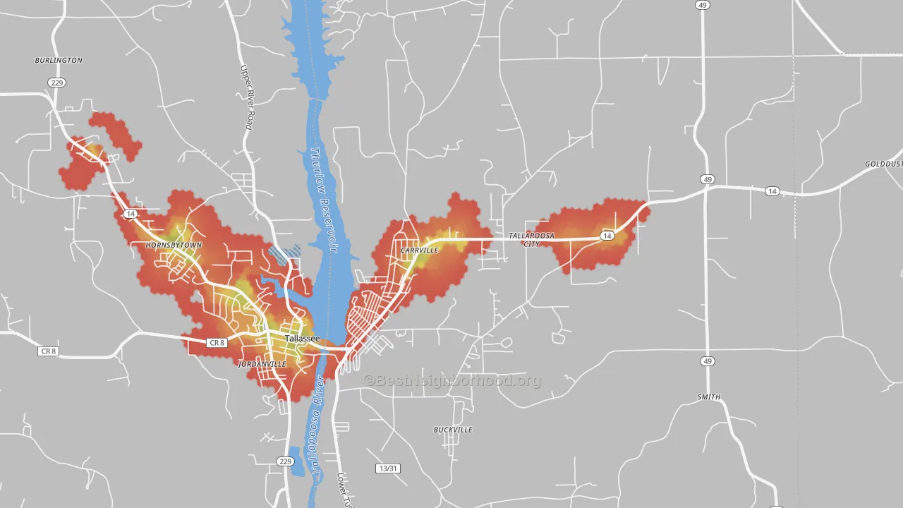Walk Grade map of Carrville, AL, walkable areas in green and car-dependent areas in red