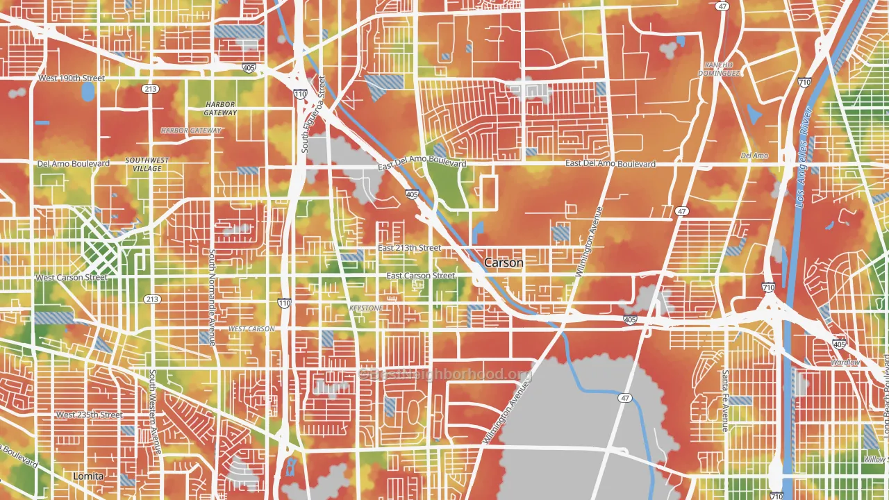 Walk Grade map of Carson, CA, walkable areas in green and car-dependent areas in red