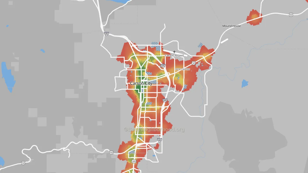Walk Grade map of Carson City, NV, walkable areas in green and car-dependent areas in red