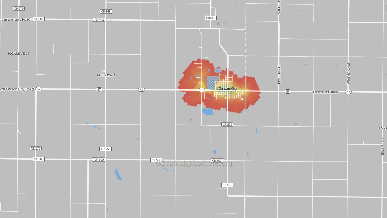 Walk Grade map of Carson City, MI, walkable areas in green and car-dependent areas in red
