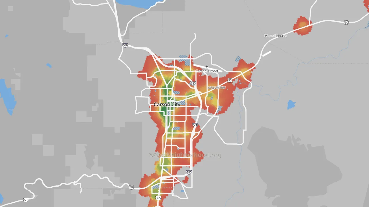 Walk Grade map of Carson City, NV, walkable areas in green and car-dependent areas in red