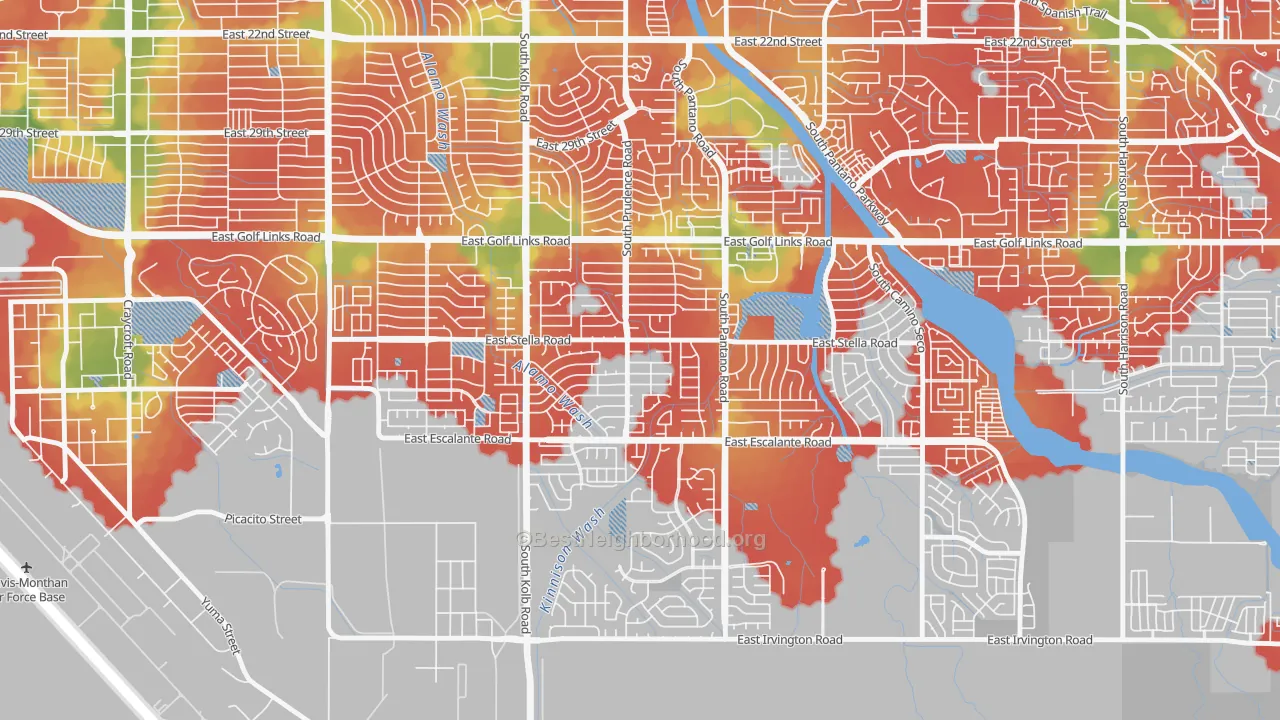 Walk Grade map of Carson Corner, Tucson, AZ, walkable areas in green and car-dependent areas in red