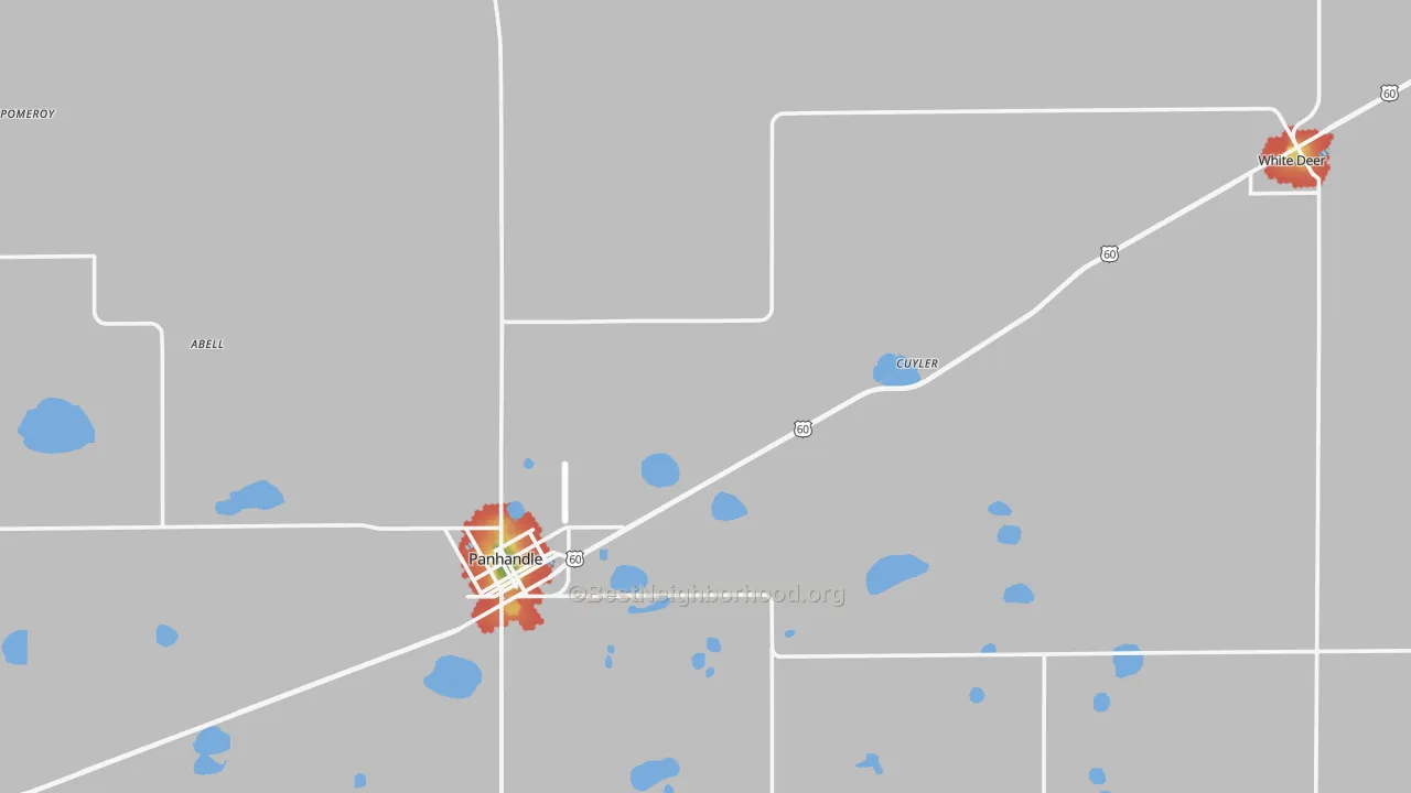 Walk Grade map of Carson County, TX, walkable areas in green and car-dependent areas in red
