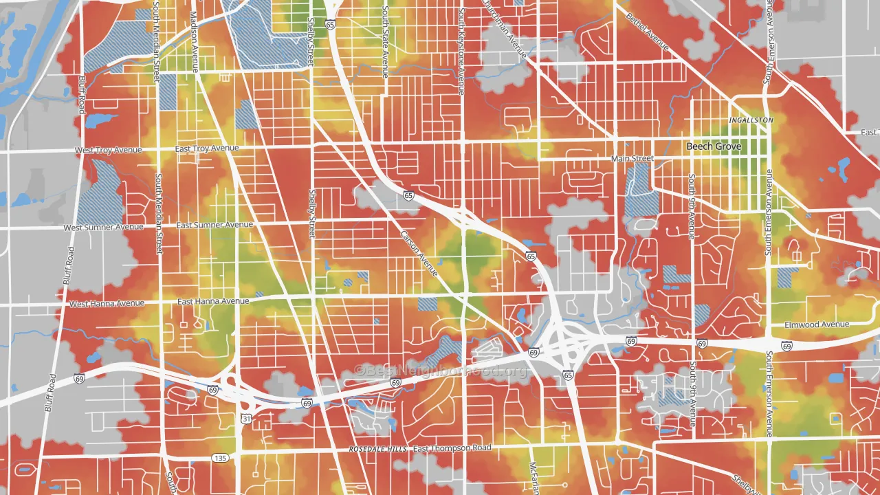 Walk Grade map of Carson Heights, Indianapolis, IN, walkable areas in green and car-dependent areas in red