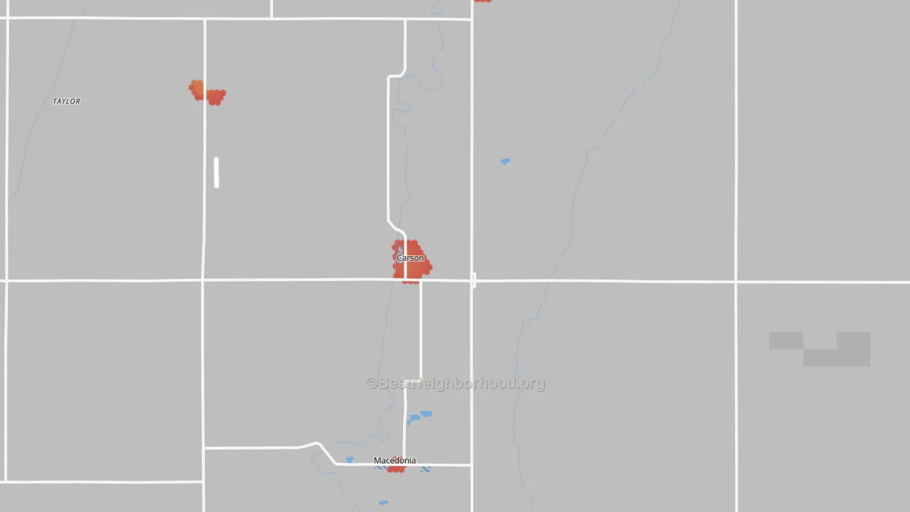 Walk Grade map of Carson, IA, walkable areas in green and car-dependent areas in red