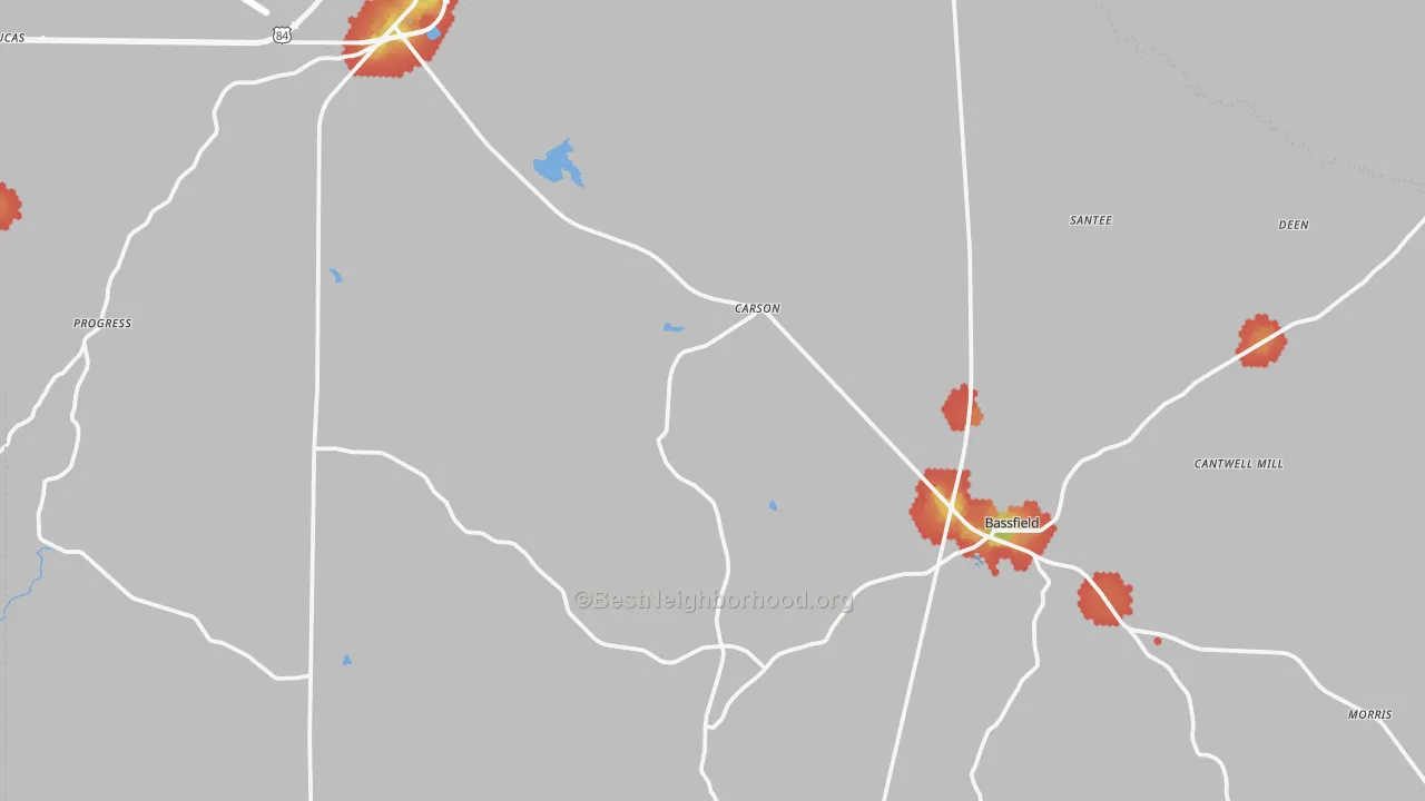 Walk Grade map of Carson, MS, walkable areas in green and car-dependent areas in red
