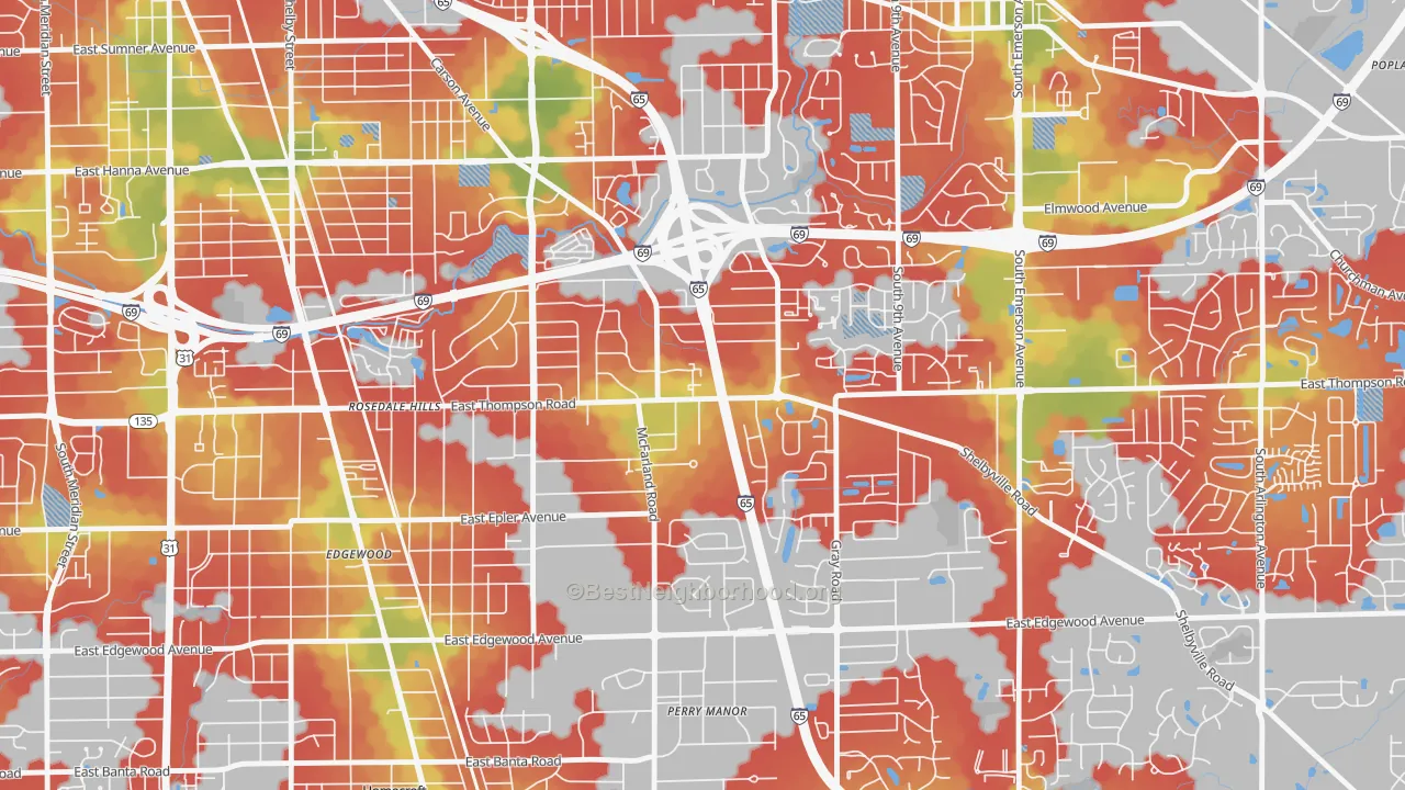 Walk Grade map of Carson Square, Indianapolis, IN, walkable areas in green and car-dependent areas in red