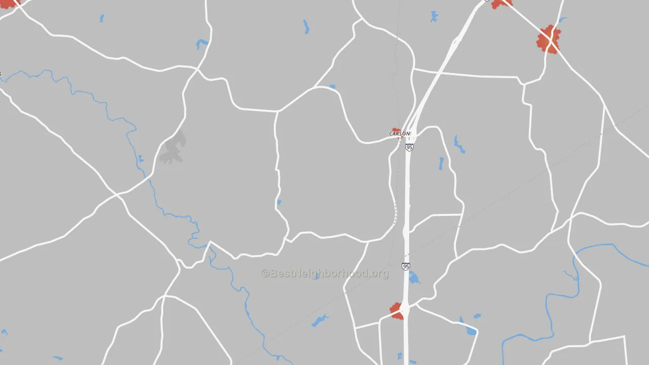 Walk Grade map of Carson, VA, walkable areas in green and car-dependent areas in red