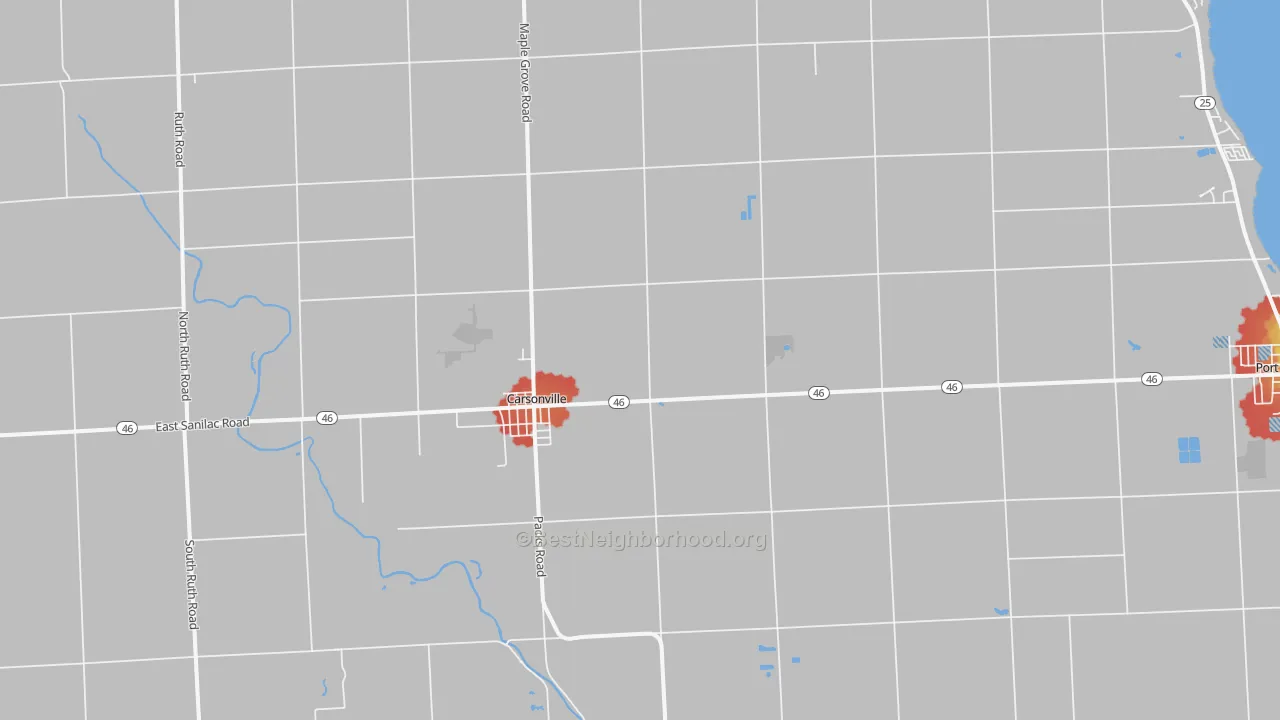 Walk Grade map of Carsonville, MI, walkable areas in green and car-dependent areas in red