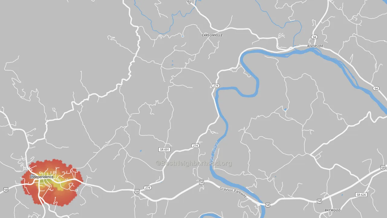 Walk Grade map of Carsonville, VA, walkable areas in green and car-dependent areas in red
