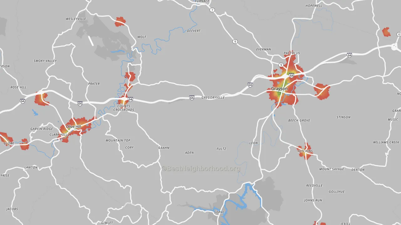 Walk Grade map of Carter County, KY, walkable areas in green and car-dependent areas in red