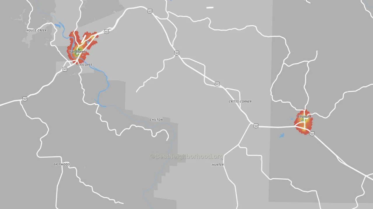 Walk Grade map of Carter County, MO, walkable areas in green and car-dependent areas in red