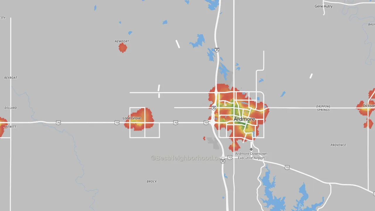 Walk Grade map of Carter County, OK, walkable areas in green and car-dependent areas in red