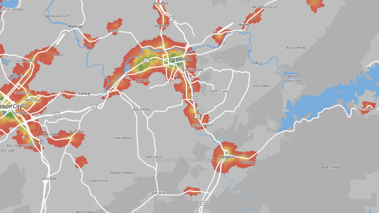 Walk Grade map of Carter County, TN, walkable areas in green and car-dependent areas in red