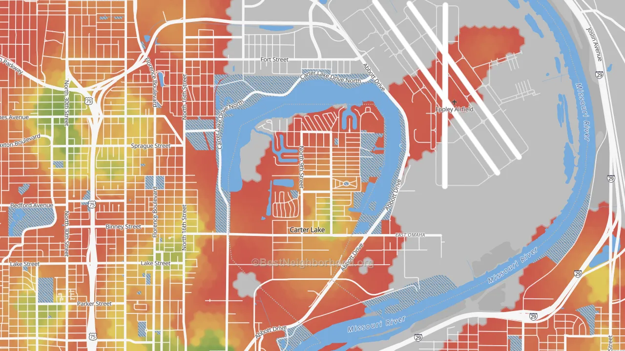 Walk Grade map of Carter Lake, IA, walkable areas in green and car-dependent areas in red