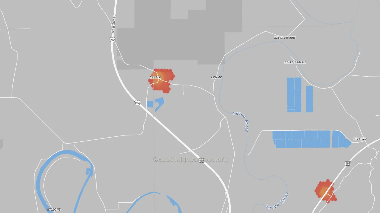 Walk Grade map of Carter, MS, walkable areas in green and car-dependent areas in red