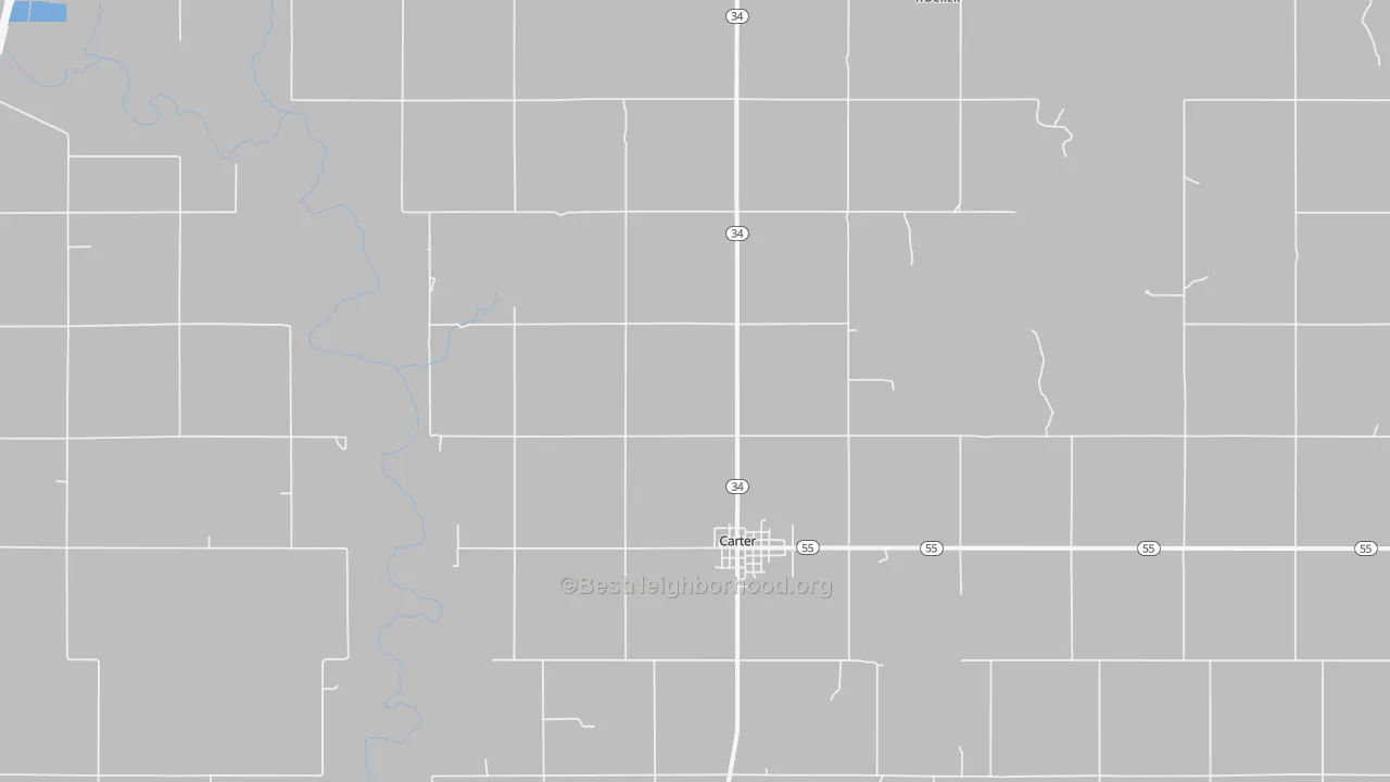 Walk Grade map of Carter, OK, walkable areas in green and car-dependent areas in red
