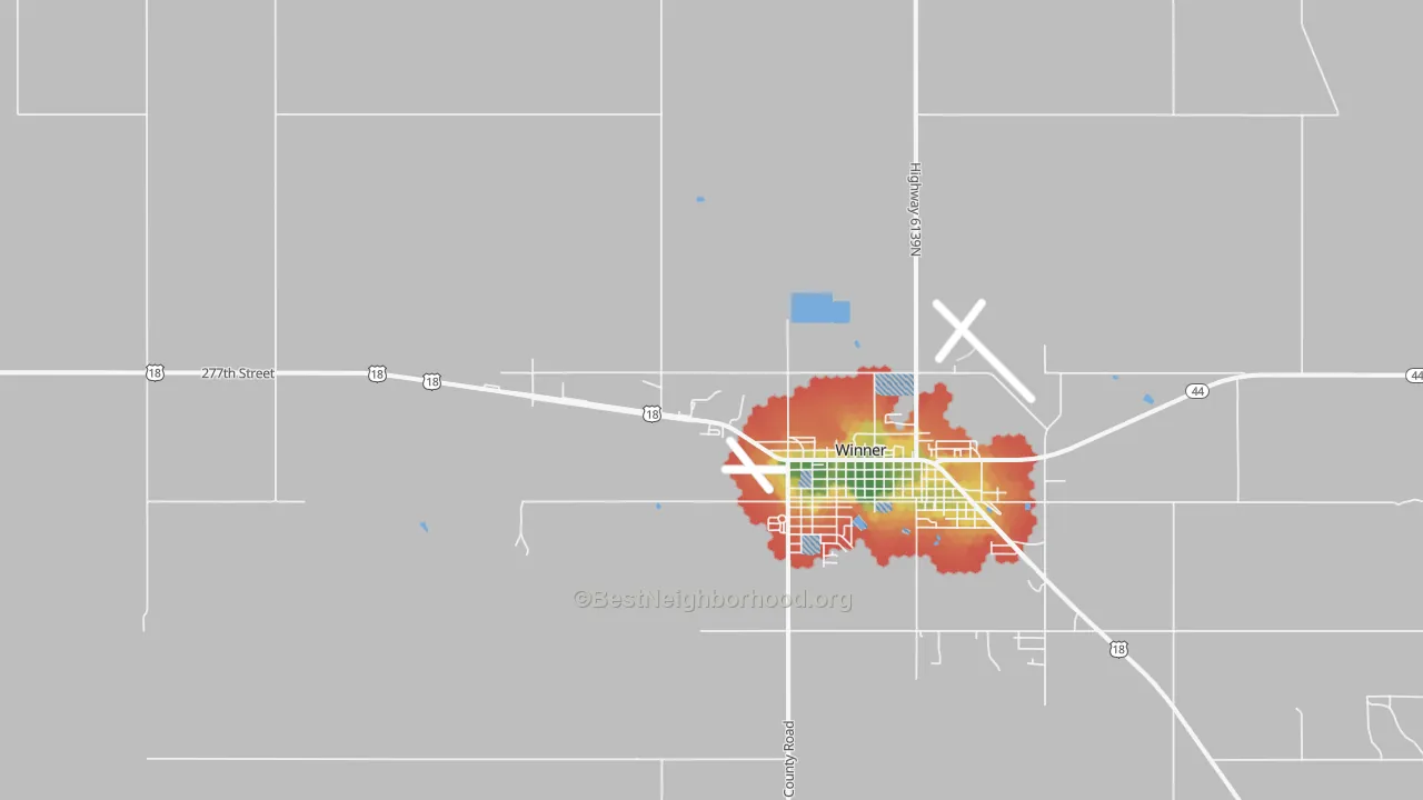 Walk Grade map of Carter, SD, walkable areas in green and car-dependent areas in red
