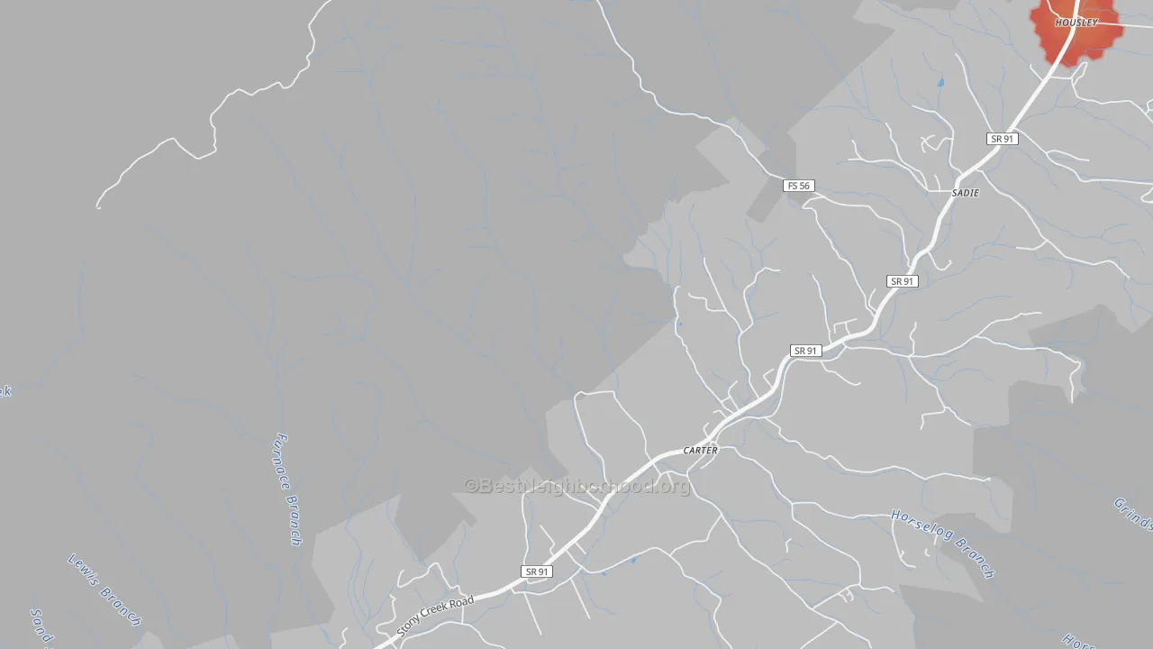 Walk Grade map of Carter, TN, walkable areas in green and car-dependent areas in red