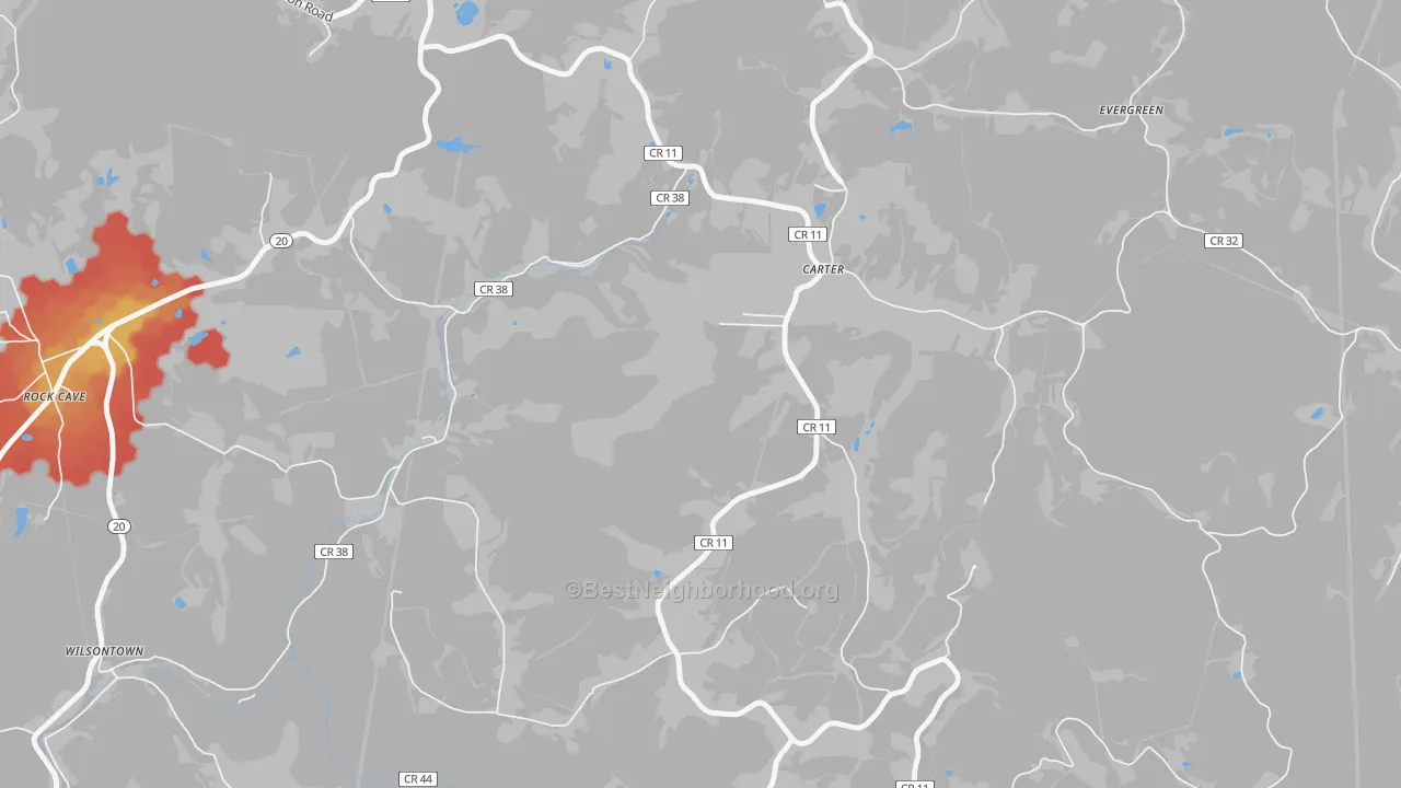 Walk Grade map of Carter, WV, walkable areas in green and car-dependent areas in red