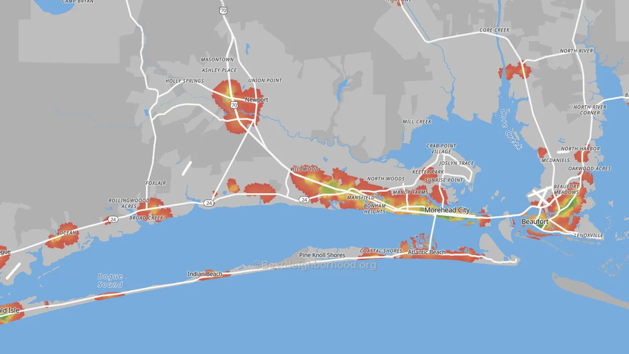 Walk Grade map of Carteret County, NC, walkable areas in green and car-dependent areas in red