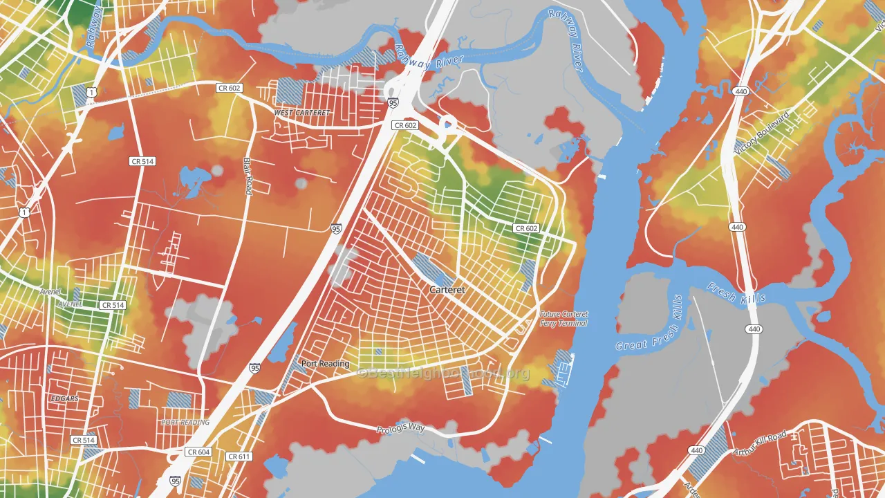 Walk Grade map of Carteret, NJ, walkable areas in green and car-dependent areas in red