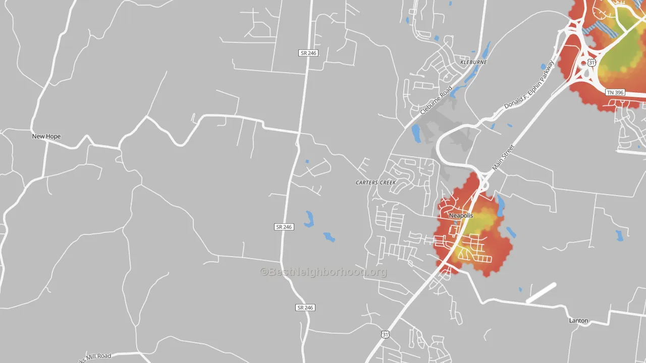 Walk Grade map of Carters Creek, TN, walkable areas in green and car-dependent areas in red