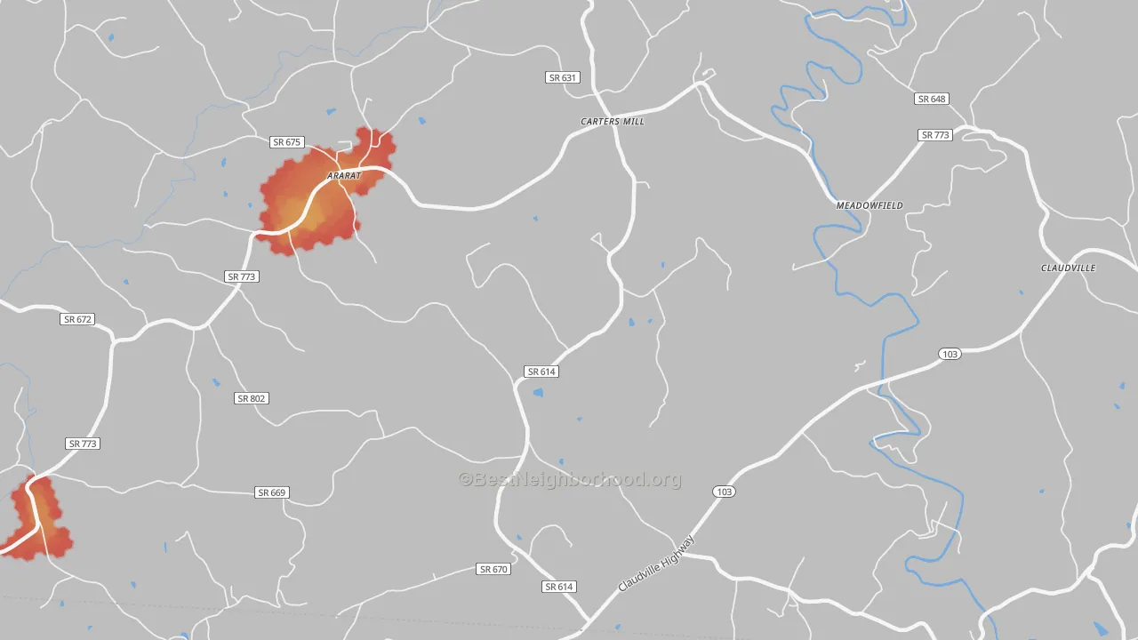 Walk Grade map of Carters Mills, VA, walkable areas in green and car-dependent areas in red