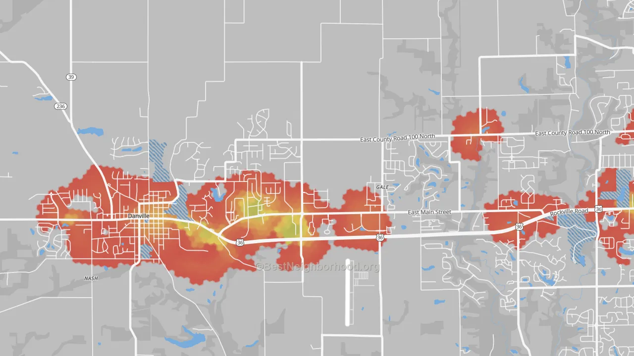 Walk Grade map of Cartersburg, IN, walkable areas in green and car-dependent areas in red