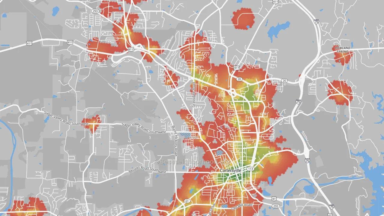 Walk Grade map of Cartersville, GA, walkable areas in green and car-dependent areas in red