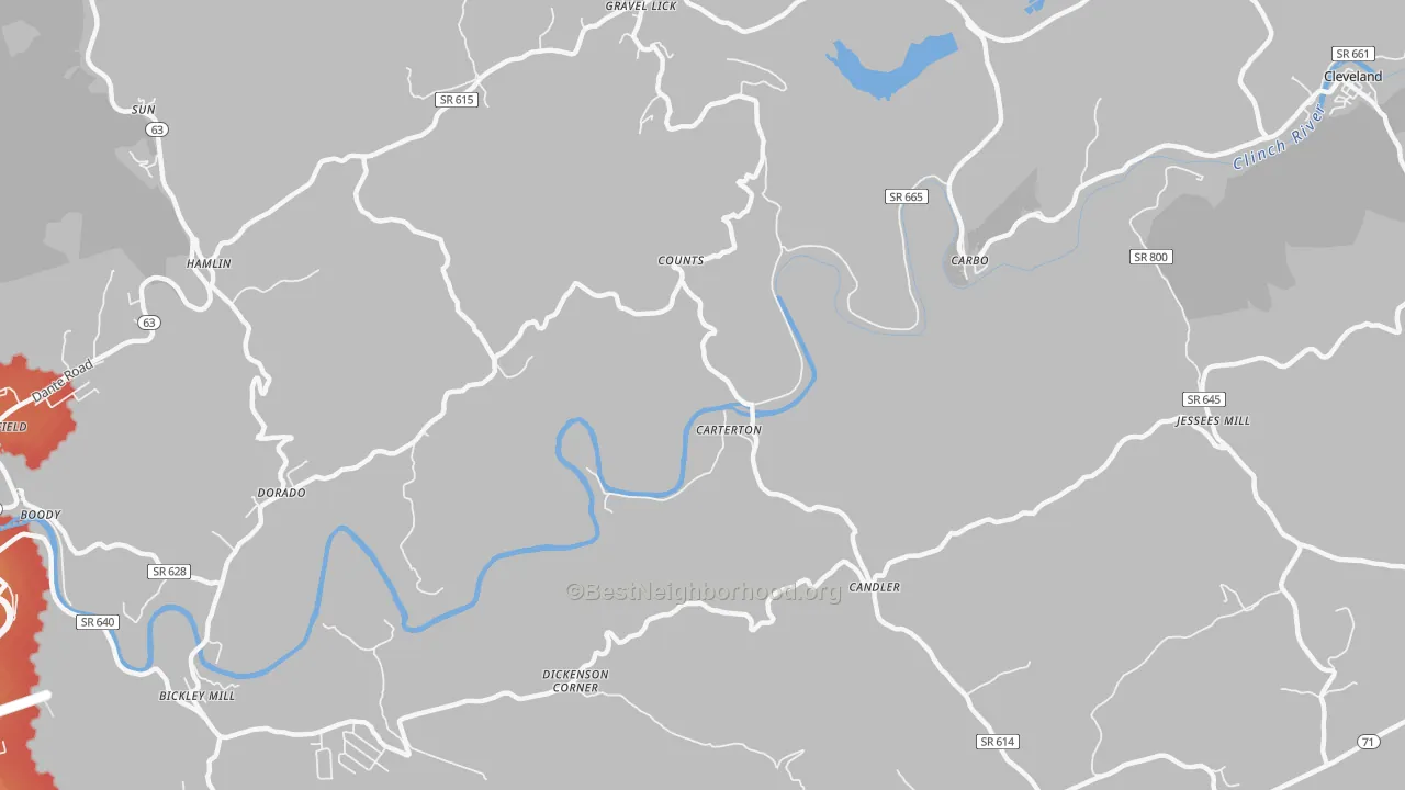 Walk Grade map of Carterton, VA, walkable areas in green and car-dependent areas in red